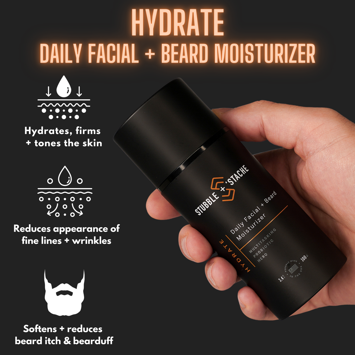 Hydrate Daily Facial Moisturizer and beard moisturizer for men reduces appearance of fine lines and wrinkles reduces beard itch