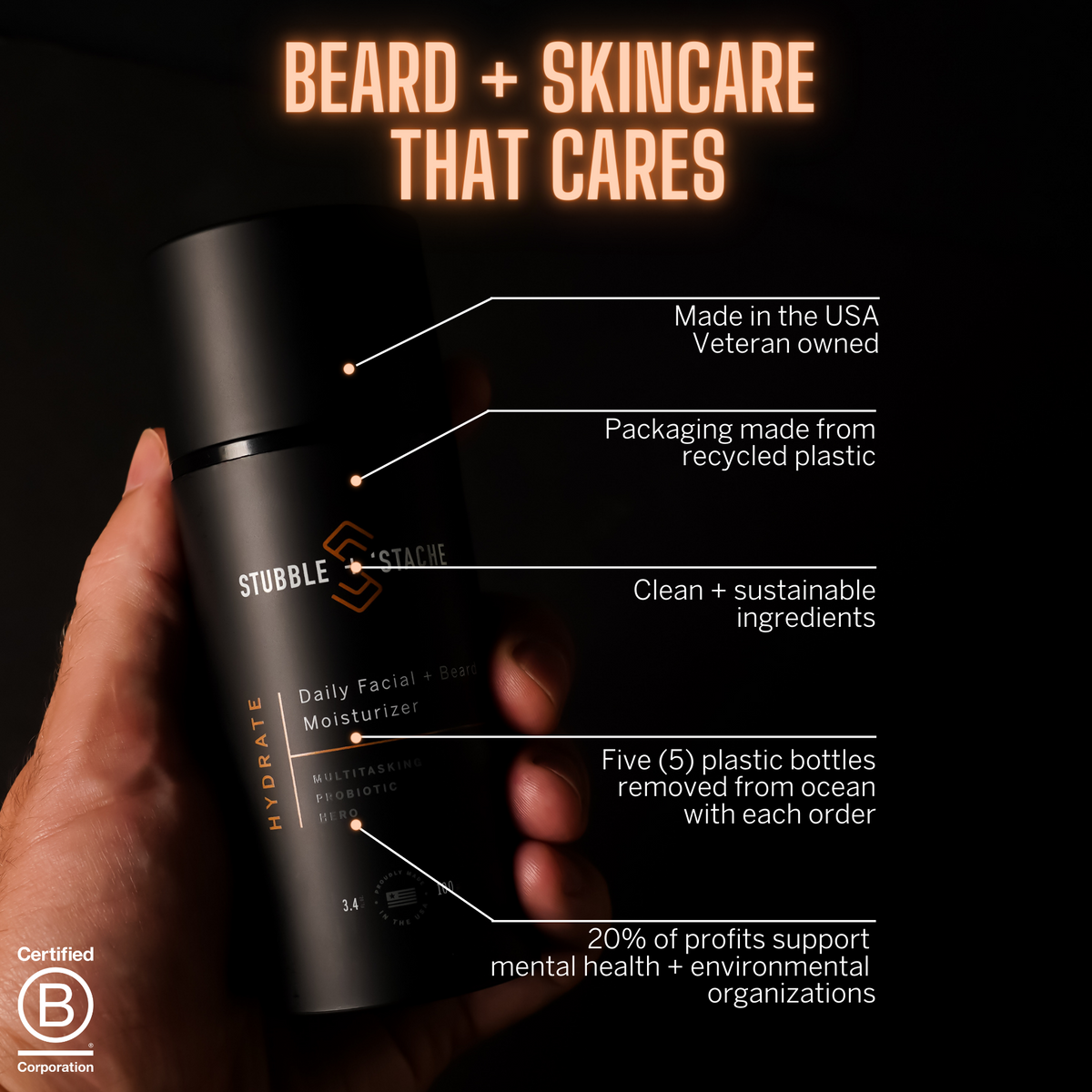 Men&#39;s skincare and beard care that cares certified B Corp 5 plastic bottles removed from ocean with each order packaging made from recycled plastic