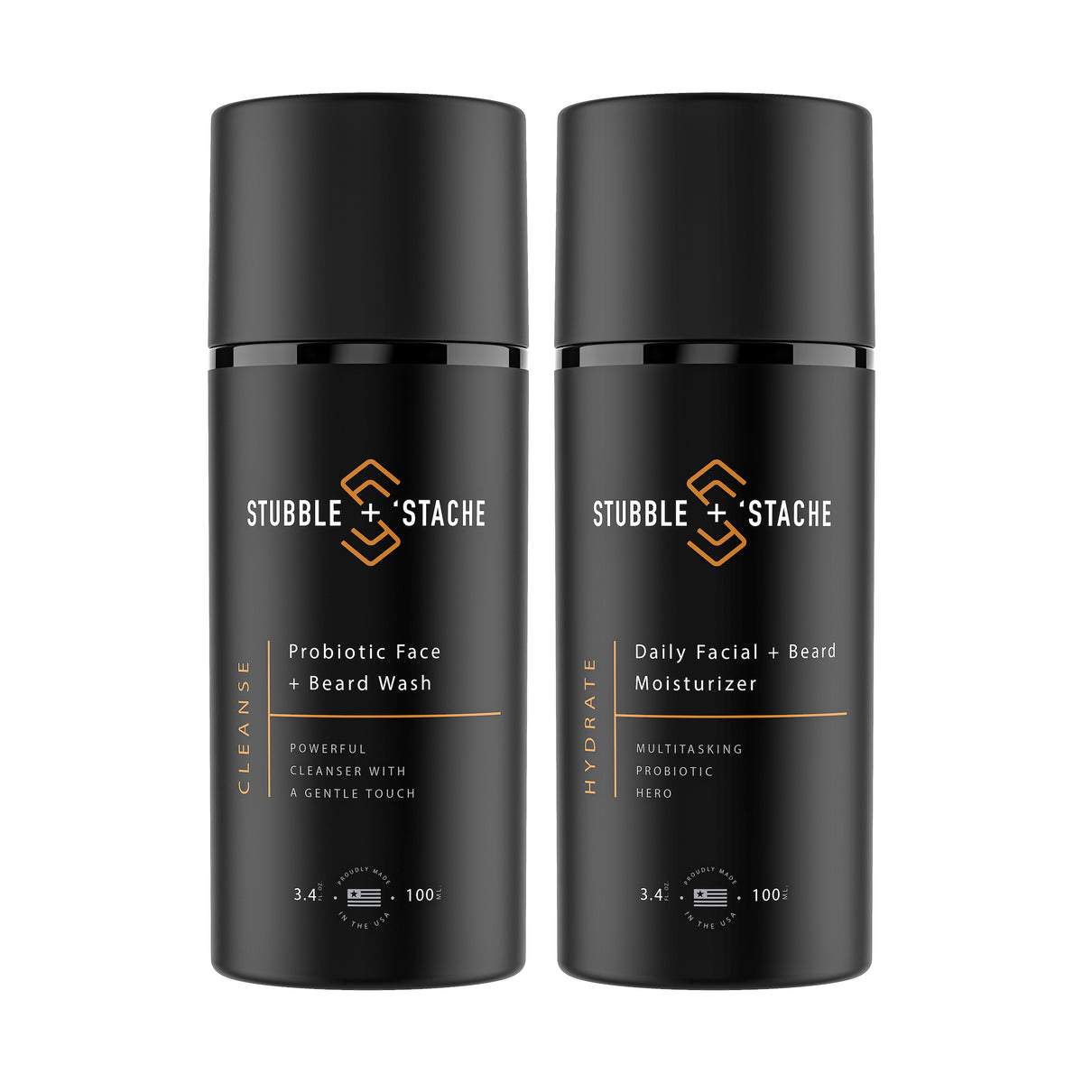 Beard Care Starter Kit. One 3.4 fl oz airless pump of Hydrate Daily Probiotic Facial + Beard Moisturizer and one 3.4 fl oz airless pump of Cleanse: Probiotic Face + Beard Wash by stubble + &#39;stache