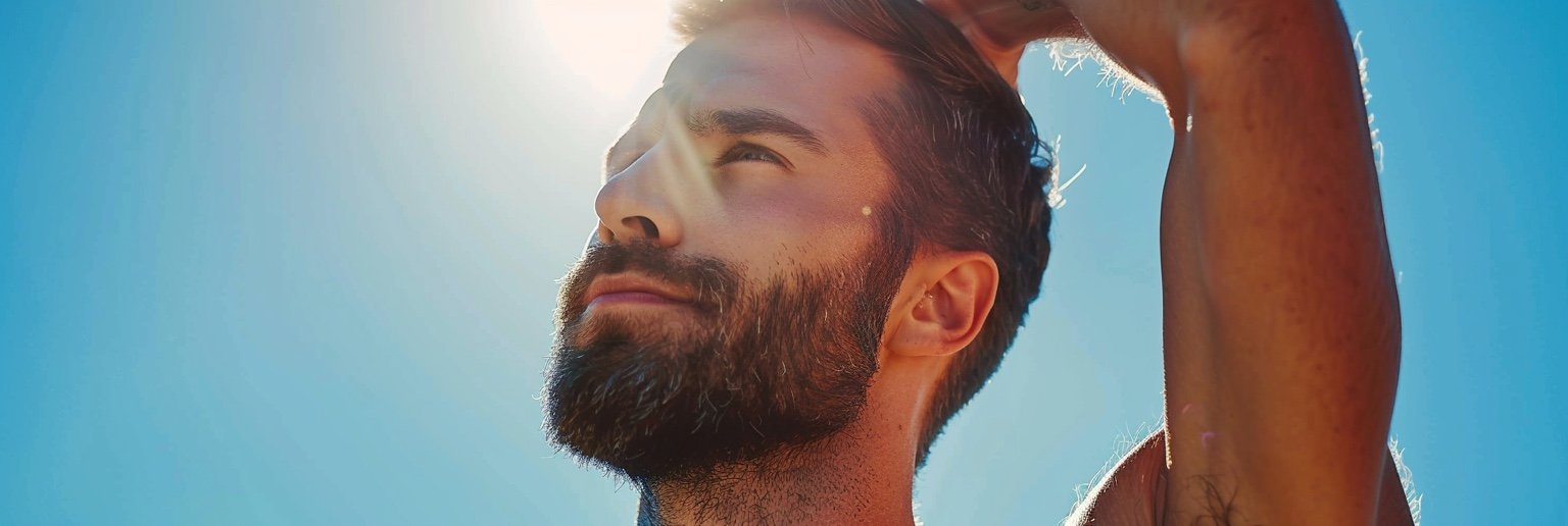 Man with a beard in summer heat