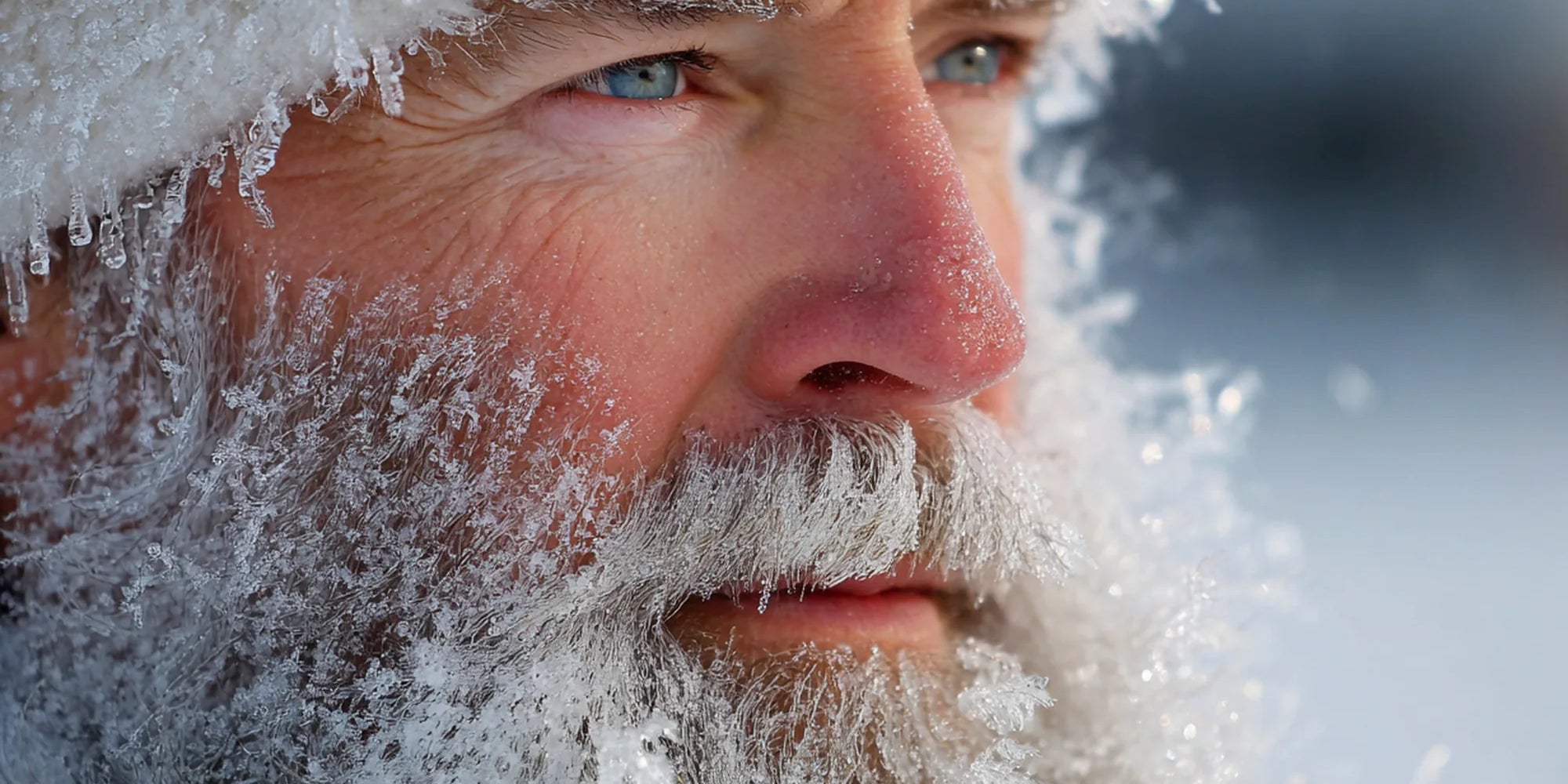 Man with ice forming in his beard during extreme cold, illustrating how arctic temperatures damage facial hair and skin