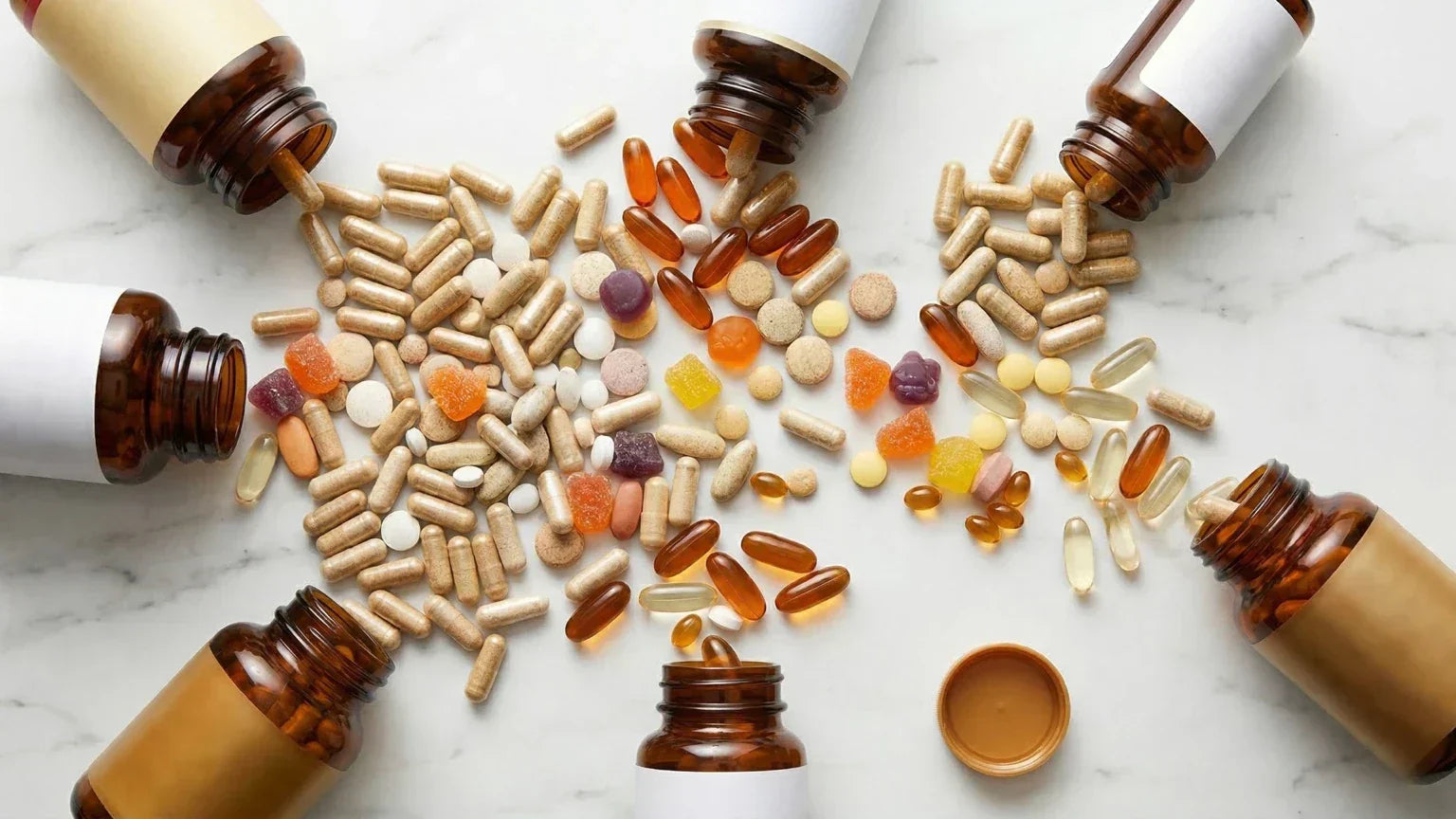 Various supplement capsules, gummies, and soft gels spilling out of bottles onto a marble surface