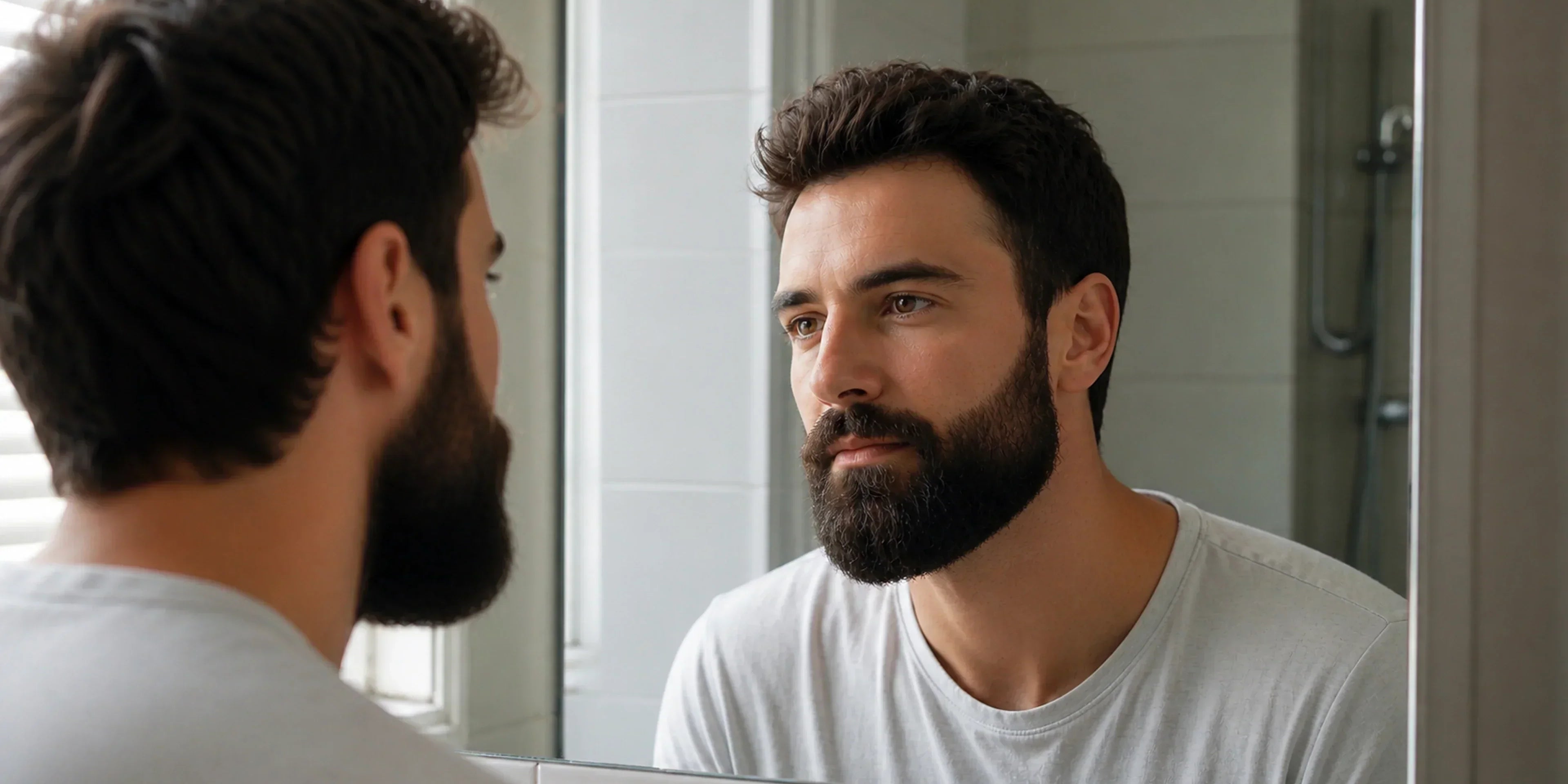 Man with full beard looking thoughtfully at his reflection in a mirror