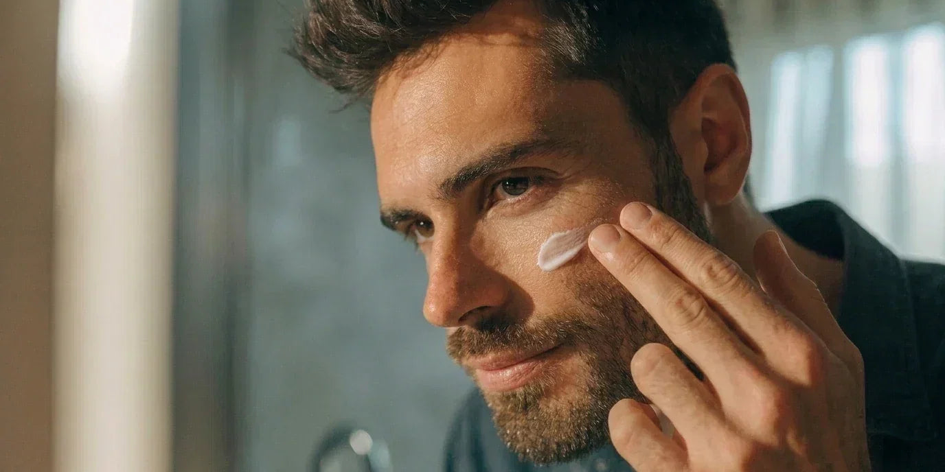 Man with short beard applying face and beard moisturizer along his beard line