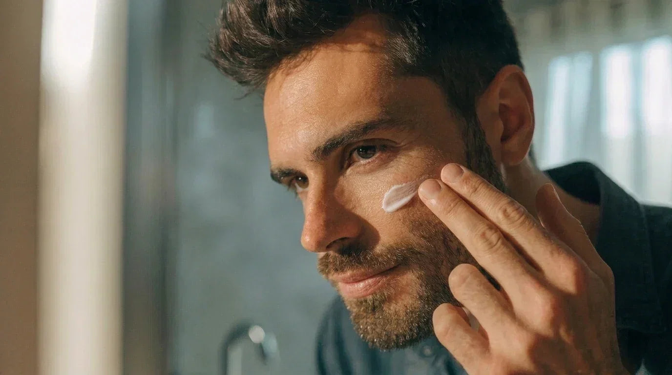 Man with short beard applying face and beard moisturizer along his beard line