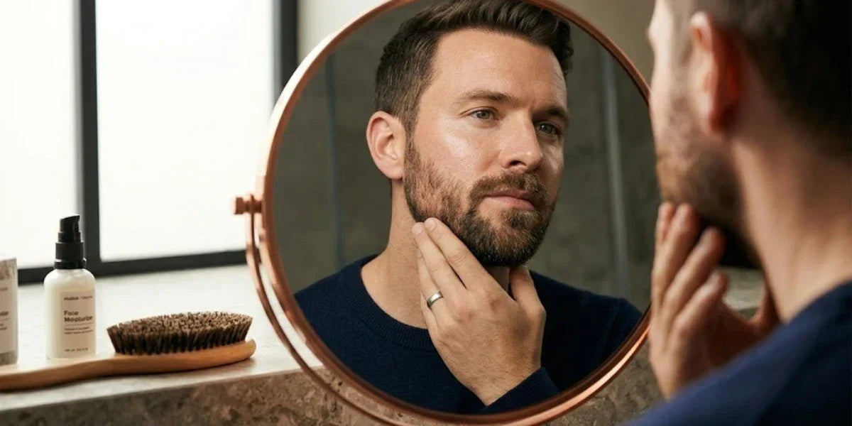 Man examining patchy beard growth in mirror - stubble + stache guide to fixing a patchy beard