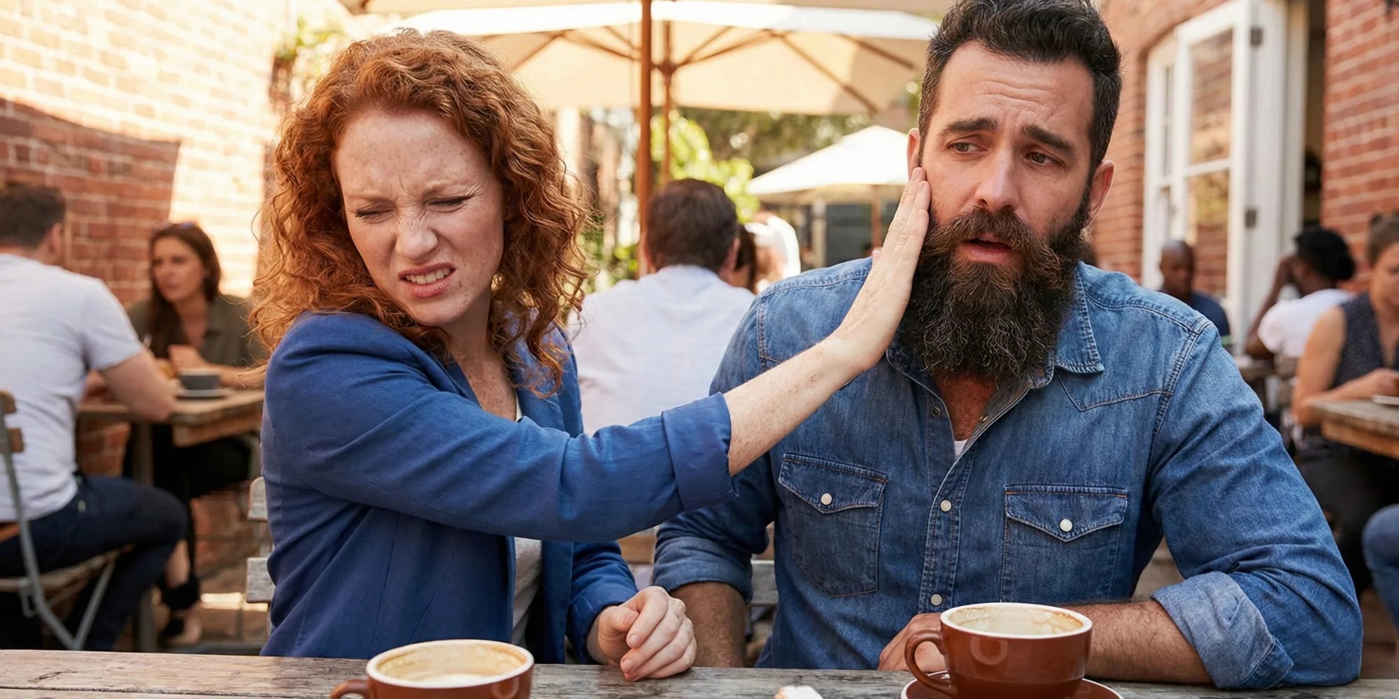 A woman looking unhappy and recoiling after touching a man's rough, scratchy beard during a coffee date.