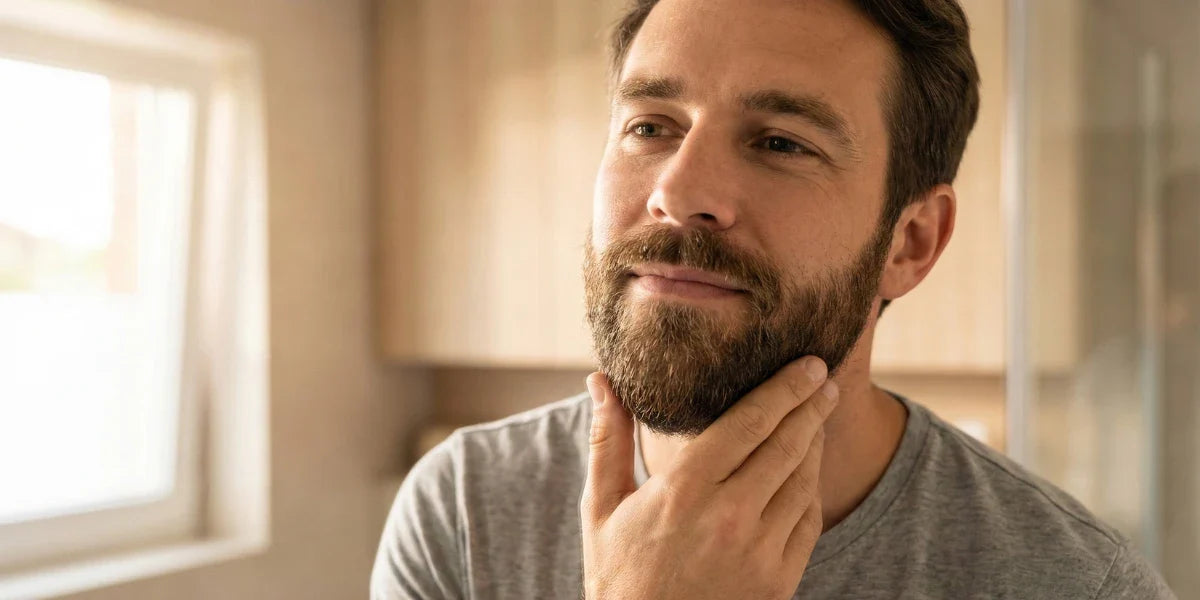 Close up of a smiling man feeling his soft, conditioned beard after soothing an itchy beard with a hydrating facial moisturizer.