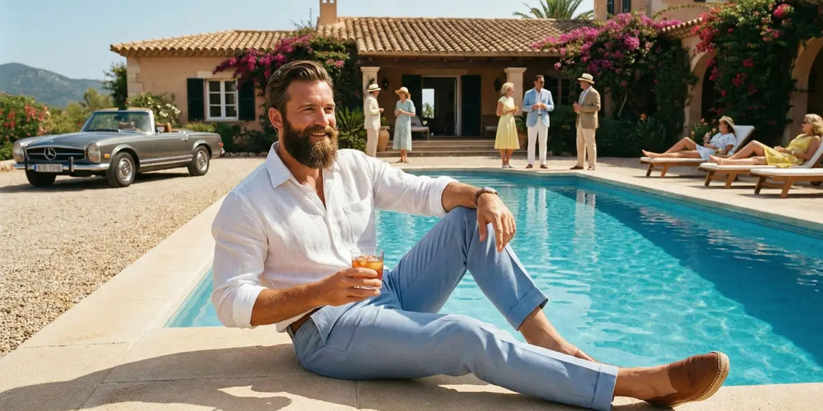 Man with a full beard relaxing poolside — guide to using Minoxidil for beard growth