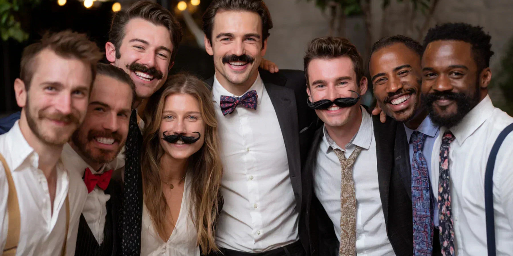 Group of smiling men and women with stylish mustaches at a party — celebrating the return of the mustache trend.