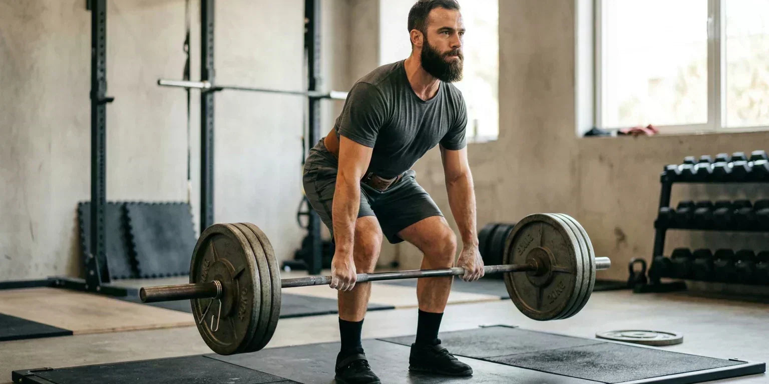 Man with full beard performing a barbell deadlift in a gritty gym — natural beard growth through exercise and lifestyle optimization