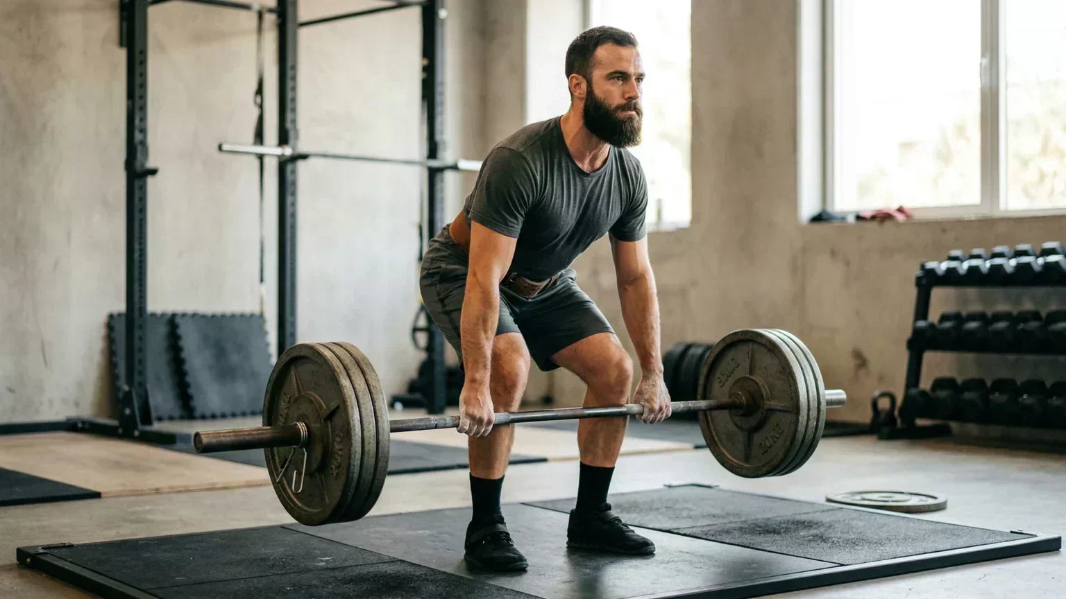 Man with full beard performing a barbell deadlift in a gritty gym — natural beard growth through exercise and lifestyle optimization