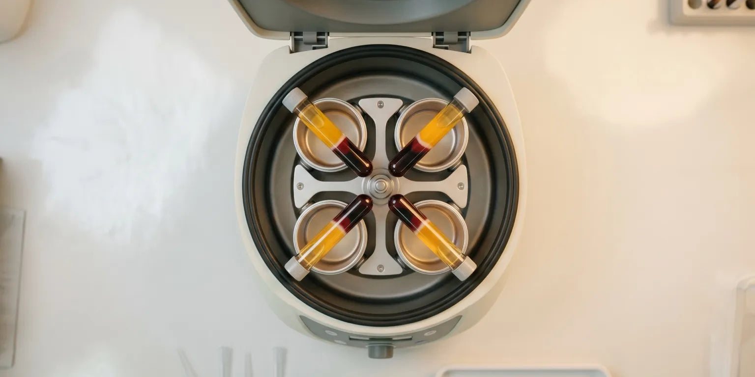 Medical centrifuge with separated blood vials showing golden PRP plasma layer used for beard growth treatment