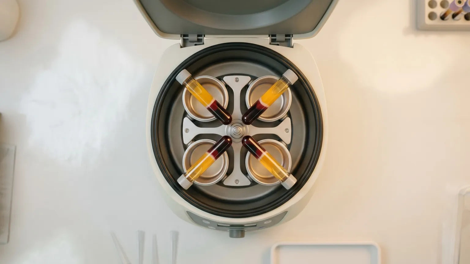 Medical centrifuge with separated blood vials showing golden PRP plasma layer used for beard growth treatment