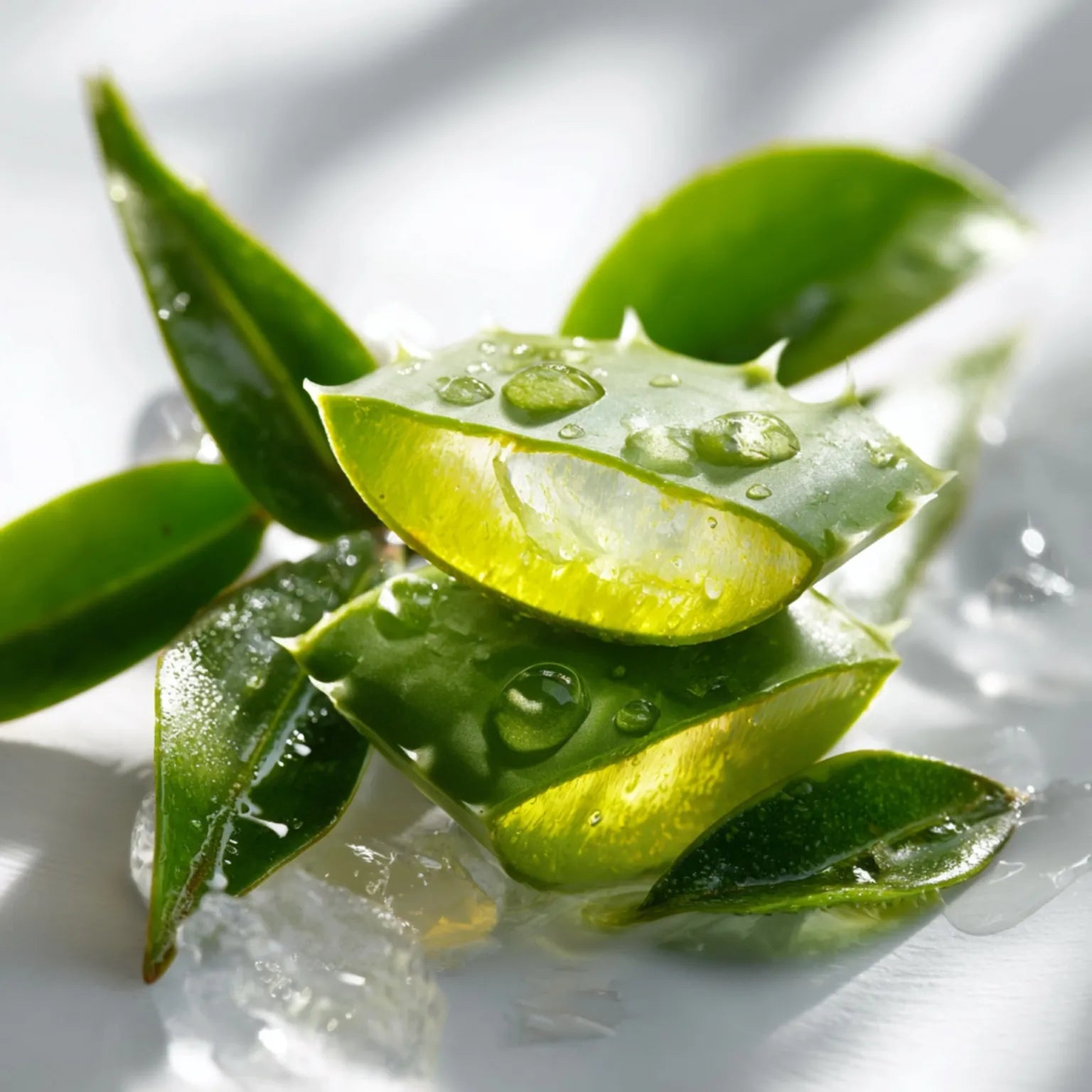 Fresh aloe vera slices and green tea leaves with water droplets — soothing hydration and antioxidant protection for skin and beard.