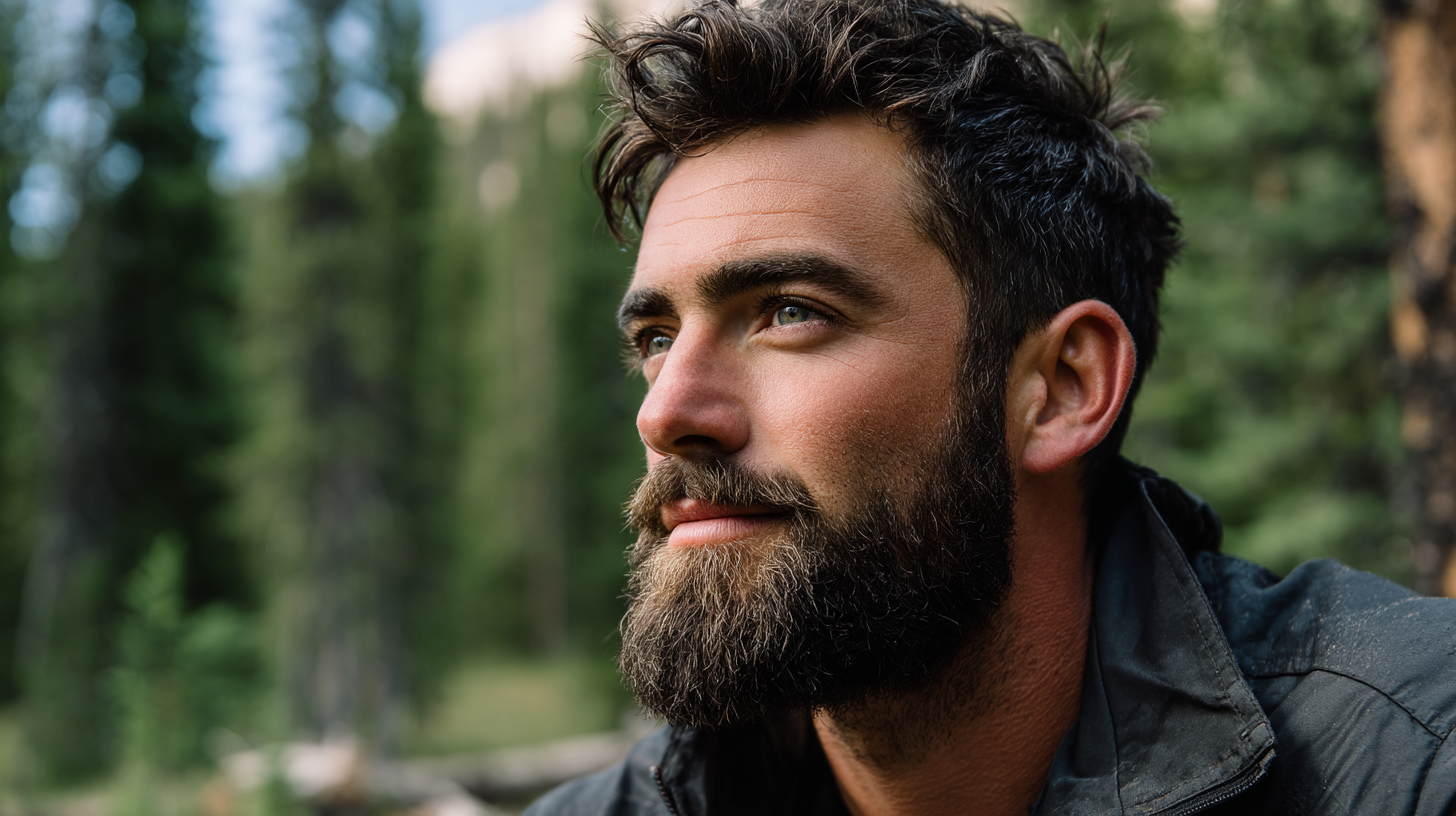 Bearded man hiking in a forest, representing the Stubble & Stache lifestyle for men with facial hair
