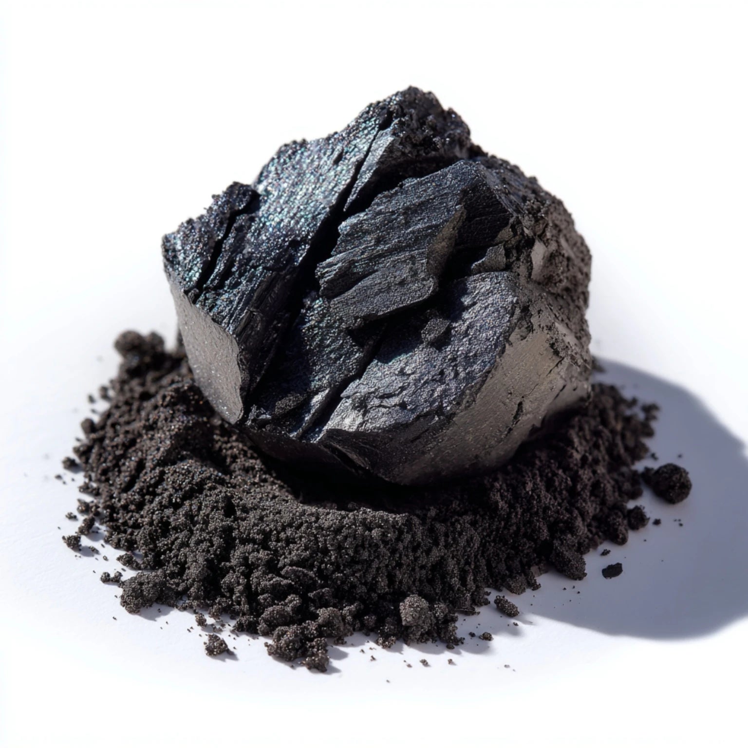 Chunk of natural charcoal with fine black powder — key detoxifying ingredient in Exfoliate Face + Beard Scrub