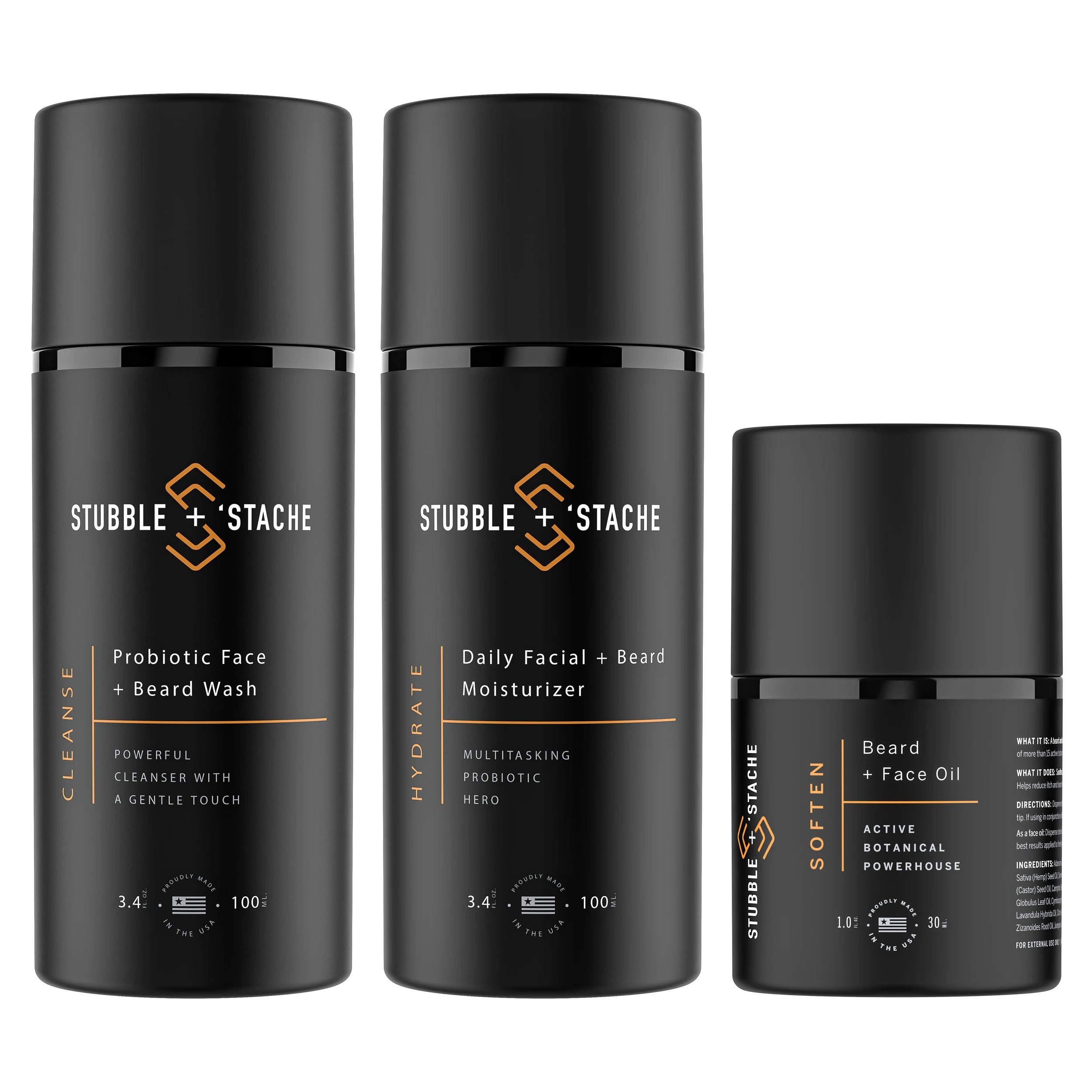 The Face + Beard Care System — Cleanse probiotic face and beard wash, Hydrate daily facial and beard moisturizer, and Soften beard and face oil