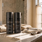 Face + Beard Essentials Kit — Cleanse and Hydrate on a bathroom counter in morning light