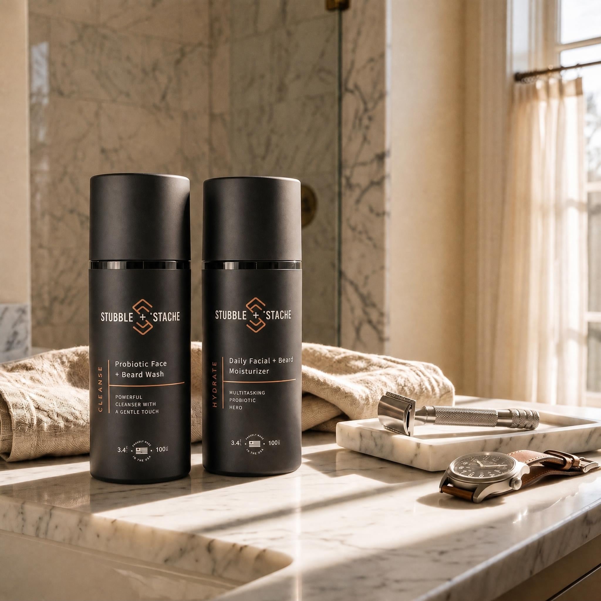 Face + Beard Essentials Kit — Cleanse and Hydrate on a bathroom counter in morning light