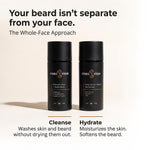 Face + Beard Essentials Kit — Cleanse washes skin and beard without drying them out; Hydrate moisturizes the skin and softens the beard.