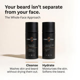 Face + Beard Essentials Kit — Cleanse washes skin and beard without drying them out; Hydrate moisturizes the skin and softens the beard.