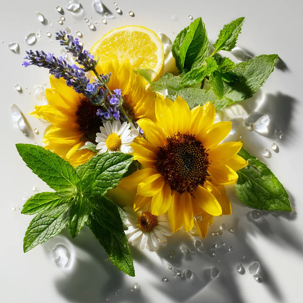 Sunflowers, chamomile, mint, and citrus representing fragrance-free ingredients in Stubble & Stache men’s skincare