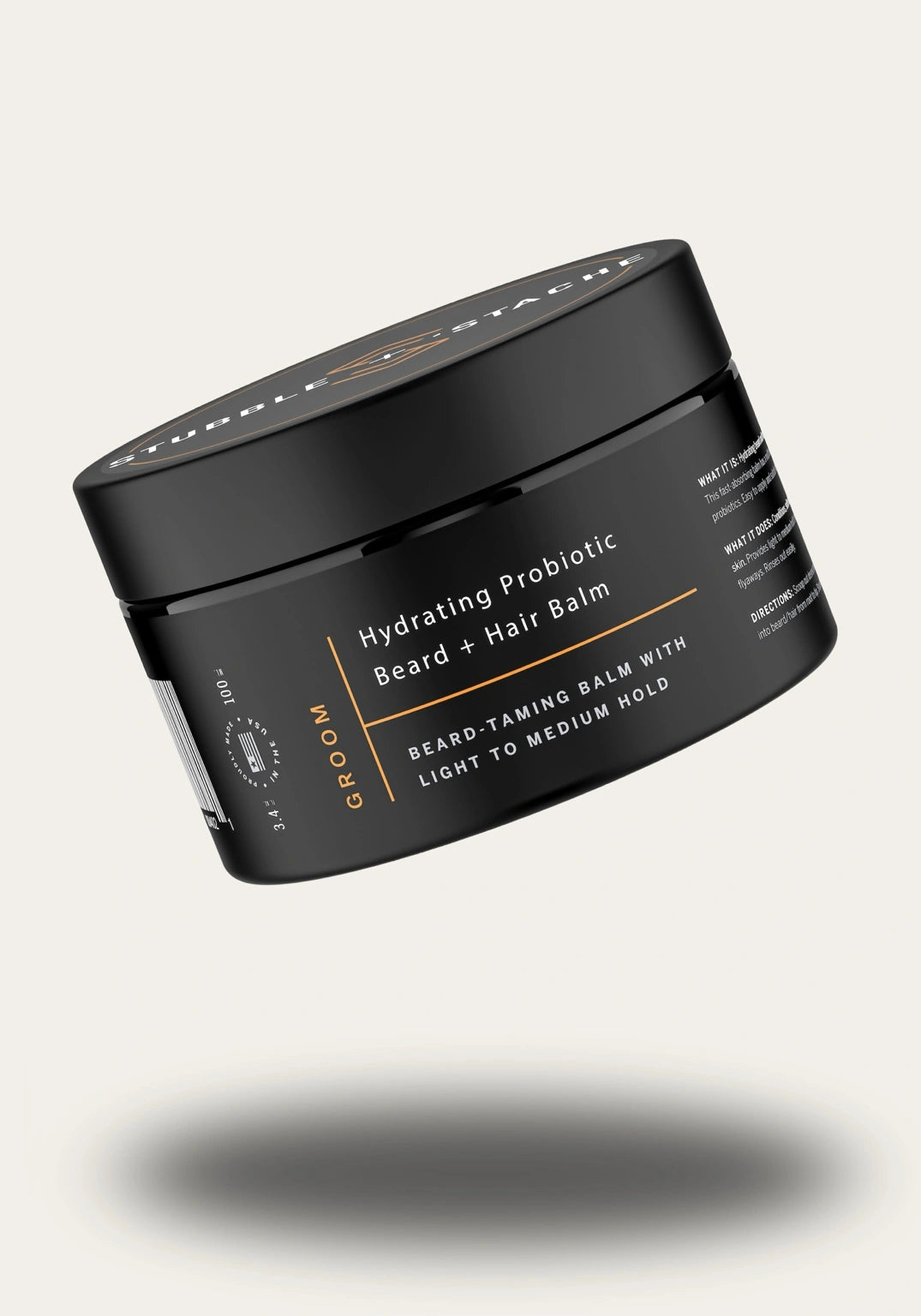 Stubble & Stache Groom Hydrating Probiotic Beard + Hair Balm jar floating against a neutral background — clean, modern packaging for beard care with light hold and hydration.