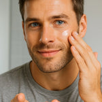 Bearded man wearing a black shirt with a gray background, touching his jawline with visible beard flakes — showing irritation and discomfort from normal moisturizer.