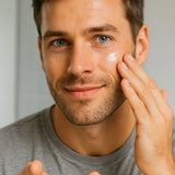 Bearded man wearing a black shirt with a gray background, touching his jawline with visible beard flakes — showing irritation and discomfort from normal moisturizer.