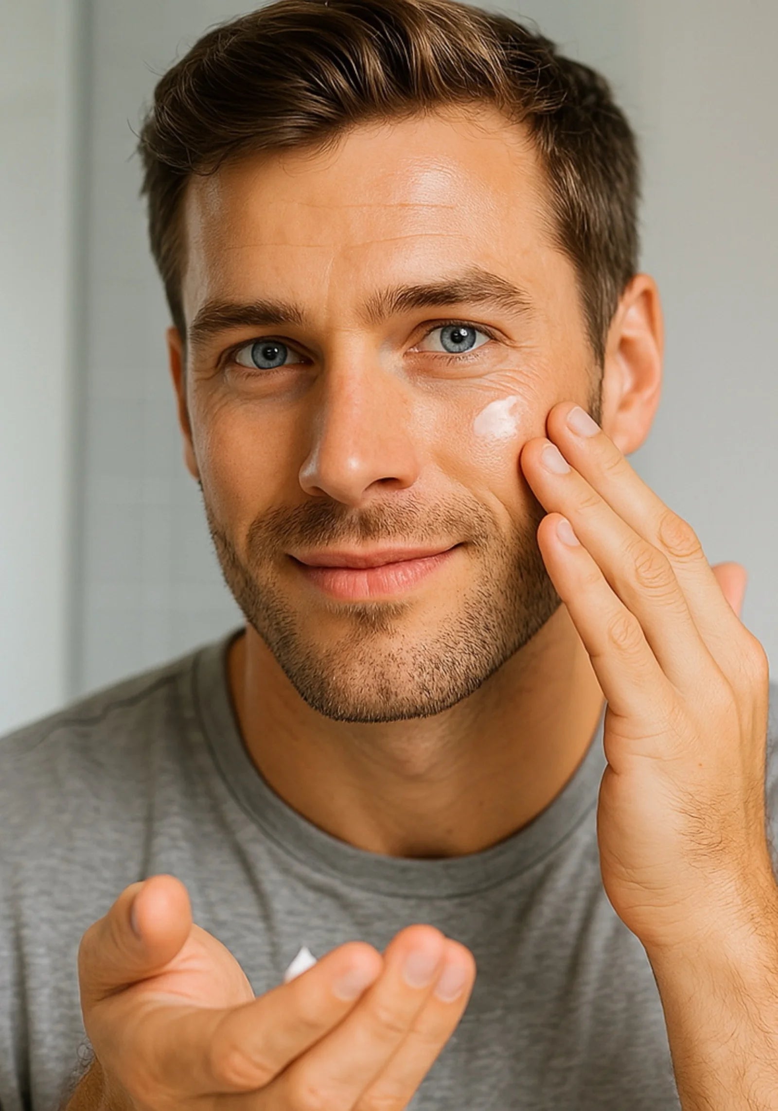Bearded man wearing a black shirt with a gray background, touching his jawline with visible beard flakes — showing irritation and discomfort from normal moisturizer.