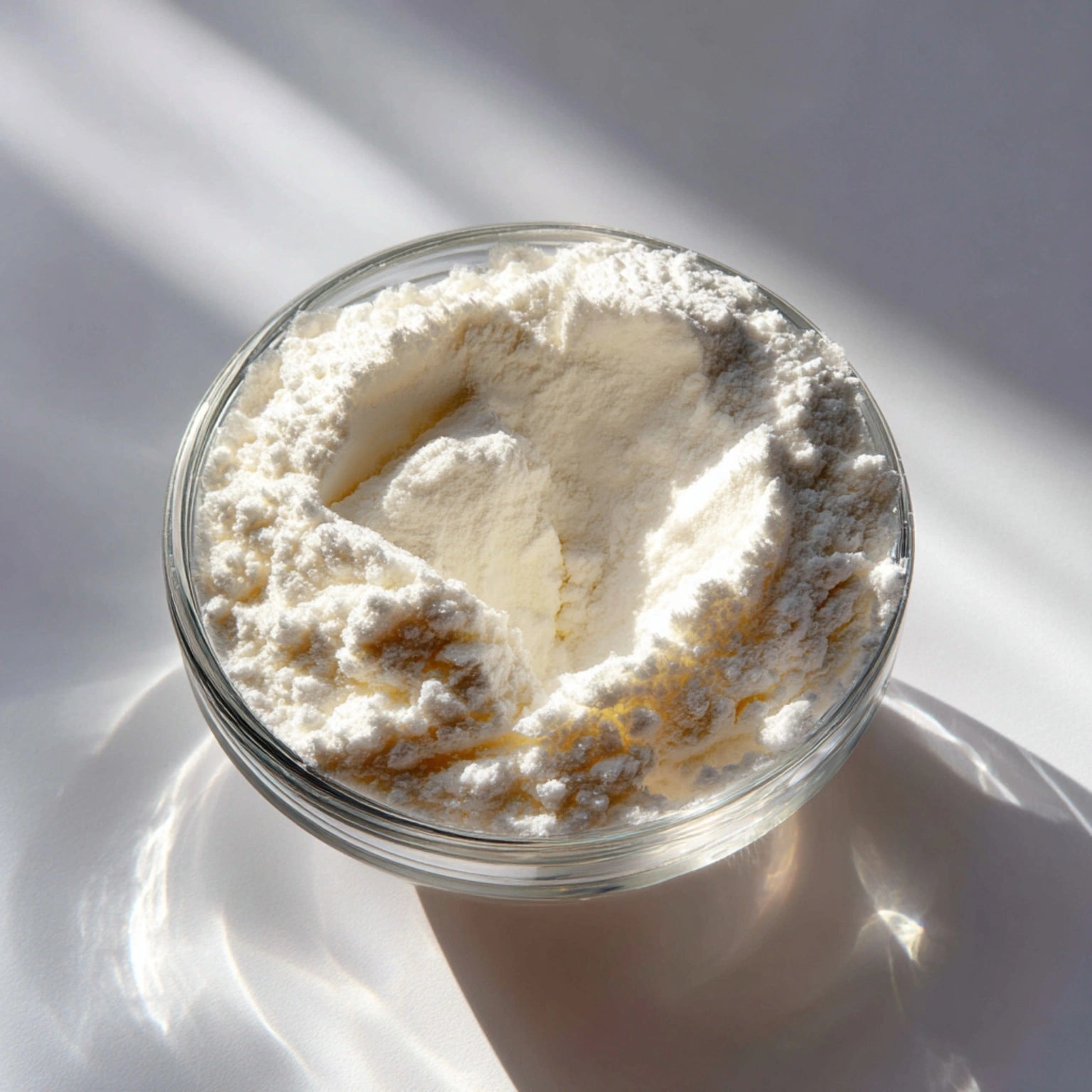 Close-up of pure Niacinamide (Vitamin B3) powder in a glass bowl, a key skincare ingredient that brightens skin and supports a healthy beard and face.