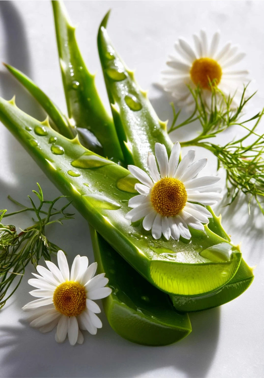 Fresh organic aloe vera leaves and chamomile flowers used in Stubble & Stache skincare