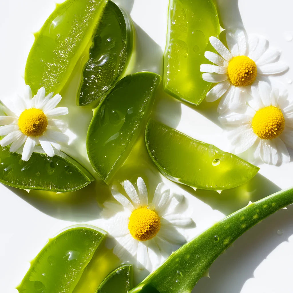 Organic aloe vera slices and chamomile flowers — soothing ingredients used in Stubble & Stache men’s skincare
