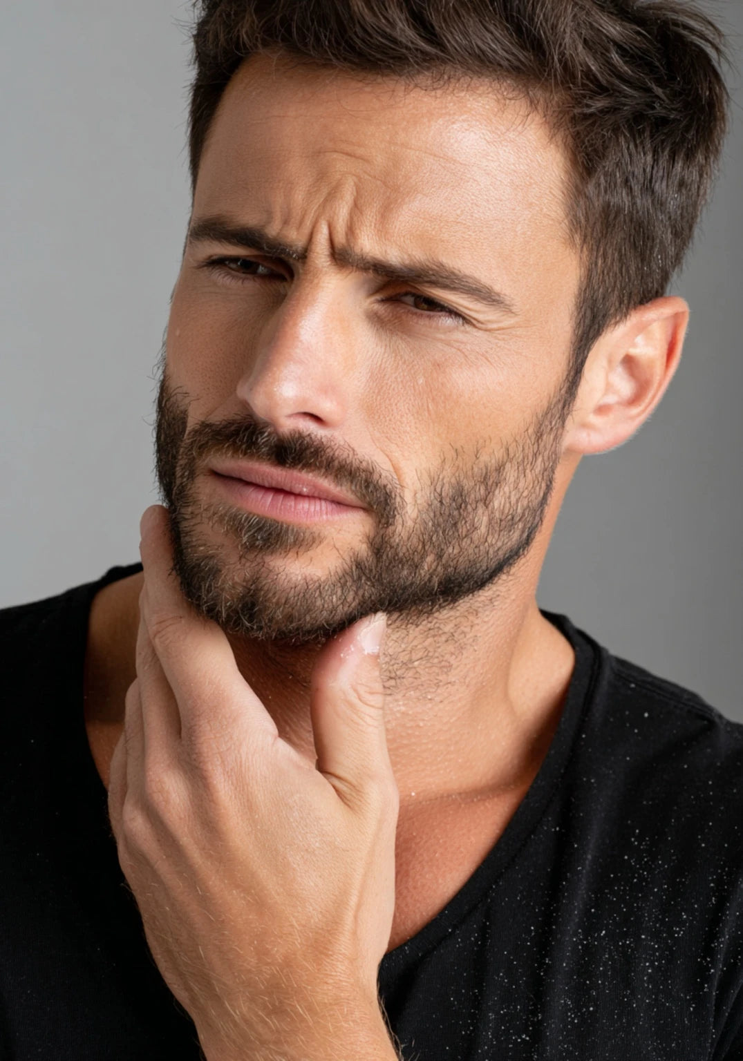 Bearded man wearing a black shirt with a gray background, touching his jawline with visible beard flakes — showing irritation and discomfort from normal moisturizer.