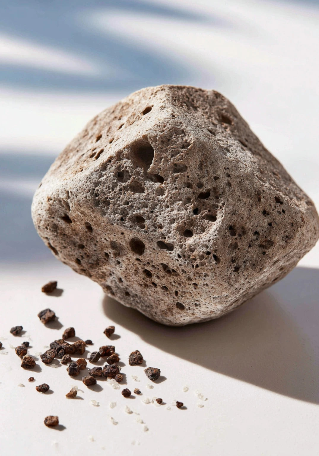 Pumice stone with rough granules, illustrating harsh exfoliants that can damage skin and snag beards — unlike Stubble & Stache’s gentle sugar scrub.