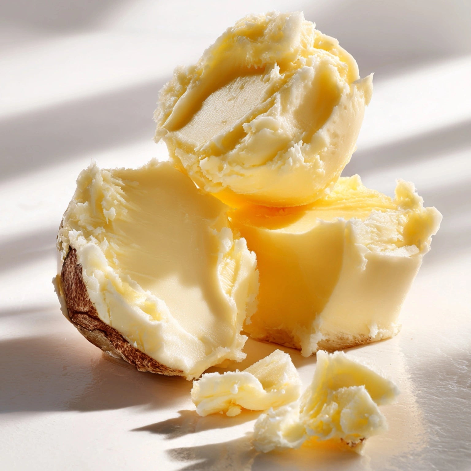 Natural shea butter pieces, showcasing a key nourishing ingredient in Stubble & Stache Groom Beard + Hair Balm