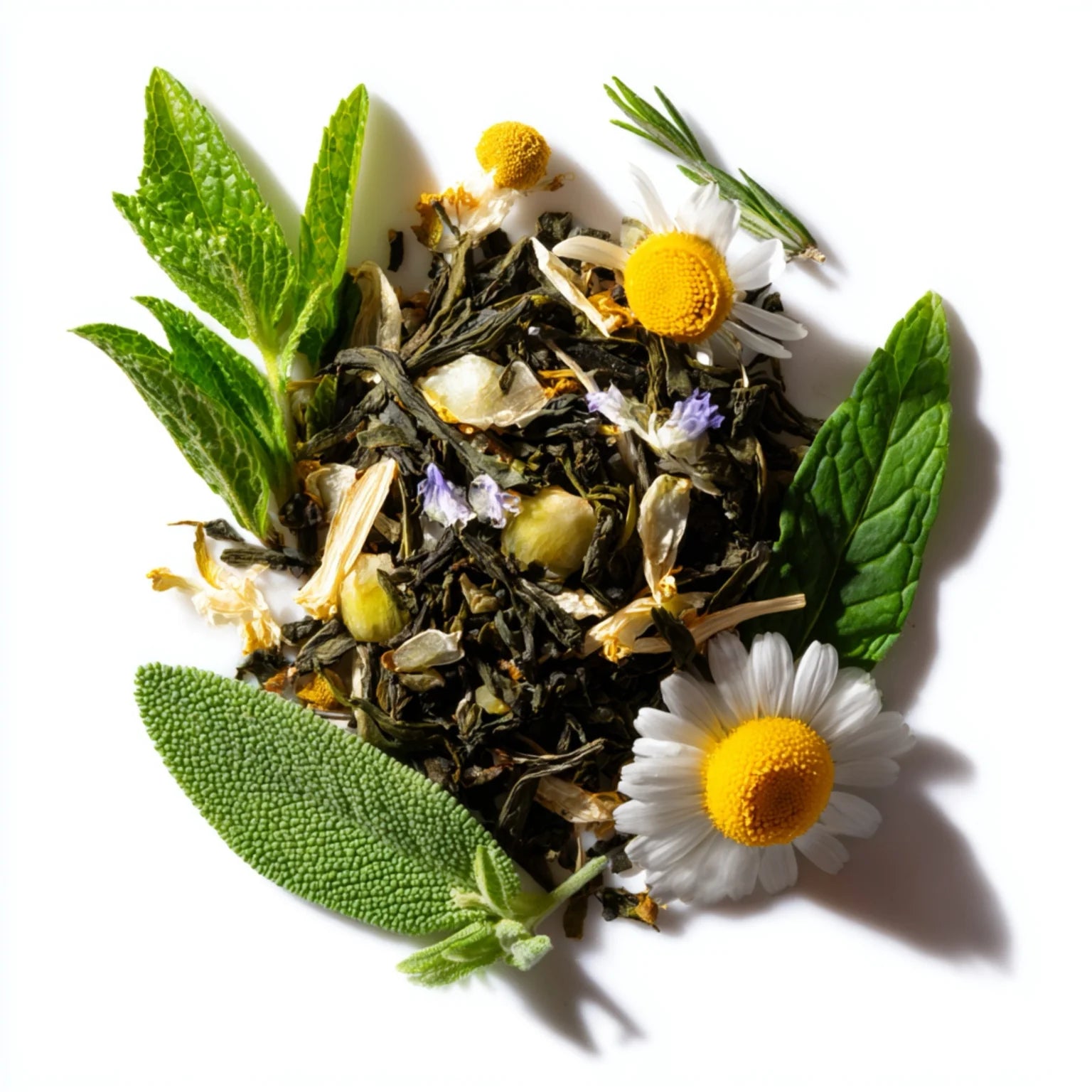 Botanical ingredients in Stubble & Stache Cleanse — green tea, chamomile, rosemary, sage, and mint leaves, shown fresh and natural to highlight skin-soothing benefits.