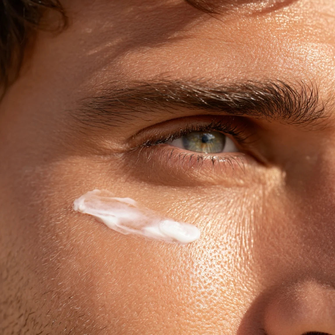 Man’s eye with Refresh Eye Cream applied under-eye area, mobile close-up view