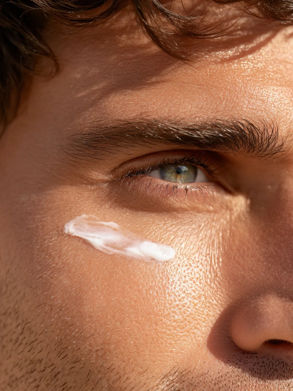 Man’s eye with Refresh Eye Cream applied under-eye area, mobile close-up view