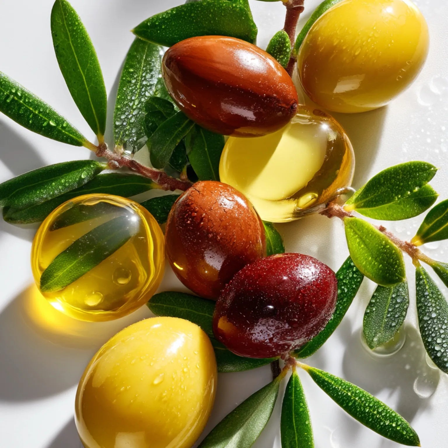 Close-up of jojoba esters and oil capsules on green leaves, a key ingredient in Stubble & Stache Cleanse Face + Beard Wash for hydration and conditioning