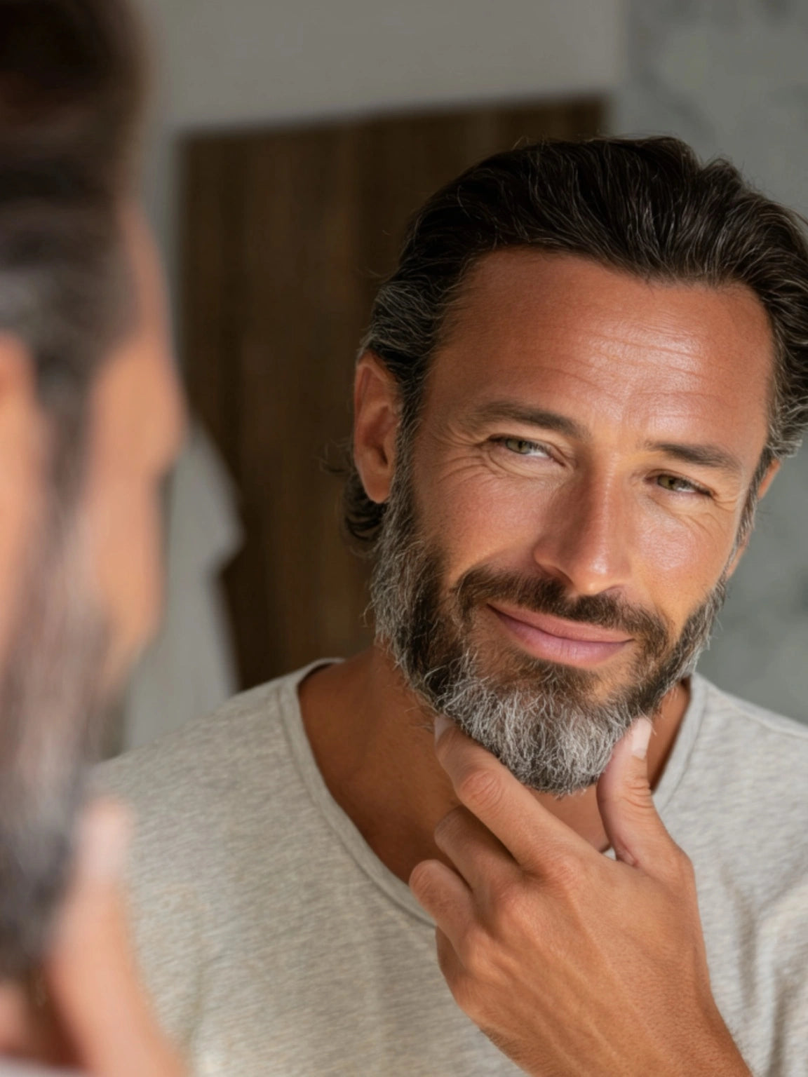 Close-up of man with salt-and-pepper beard looking in mirror, reflecting healthier beard and skin after using Stubble & Stache Duo.