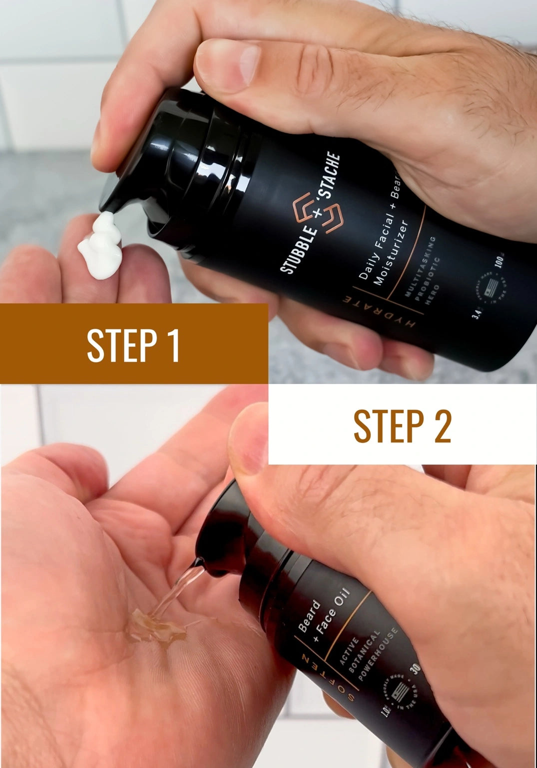 Step 1 Hydrate Daily Face + Beard Moisturizer and Step 2 Soften Beard + Face Oil shown in hands, demonstrating the two-step grooming routine.