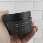 Probiotic charcoal sugar scrub for face and beard. Video of jar being opened and consistency of the face and beard scrub 