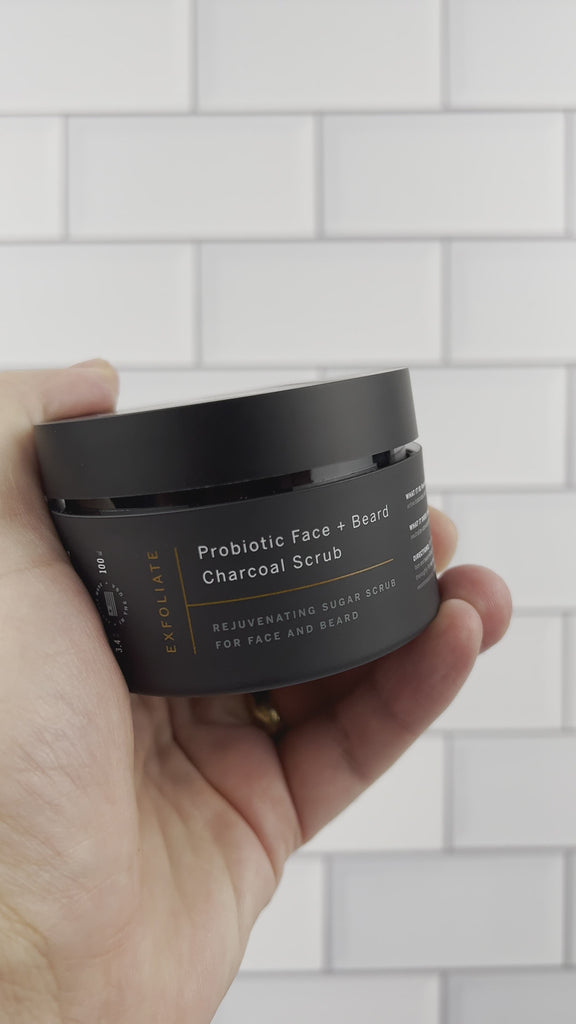 Probiotic charcoal sugar scrub for face and beard. Video of jar being opened and consistency of the face and beard scrub 
