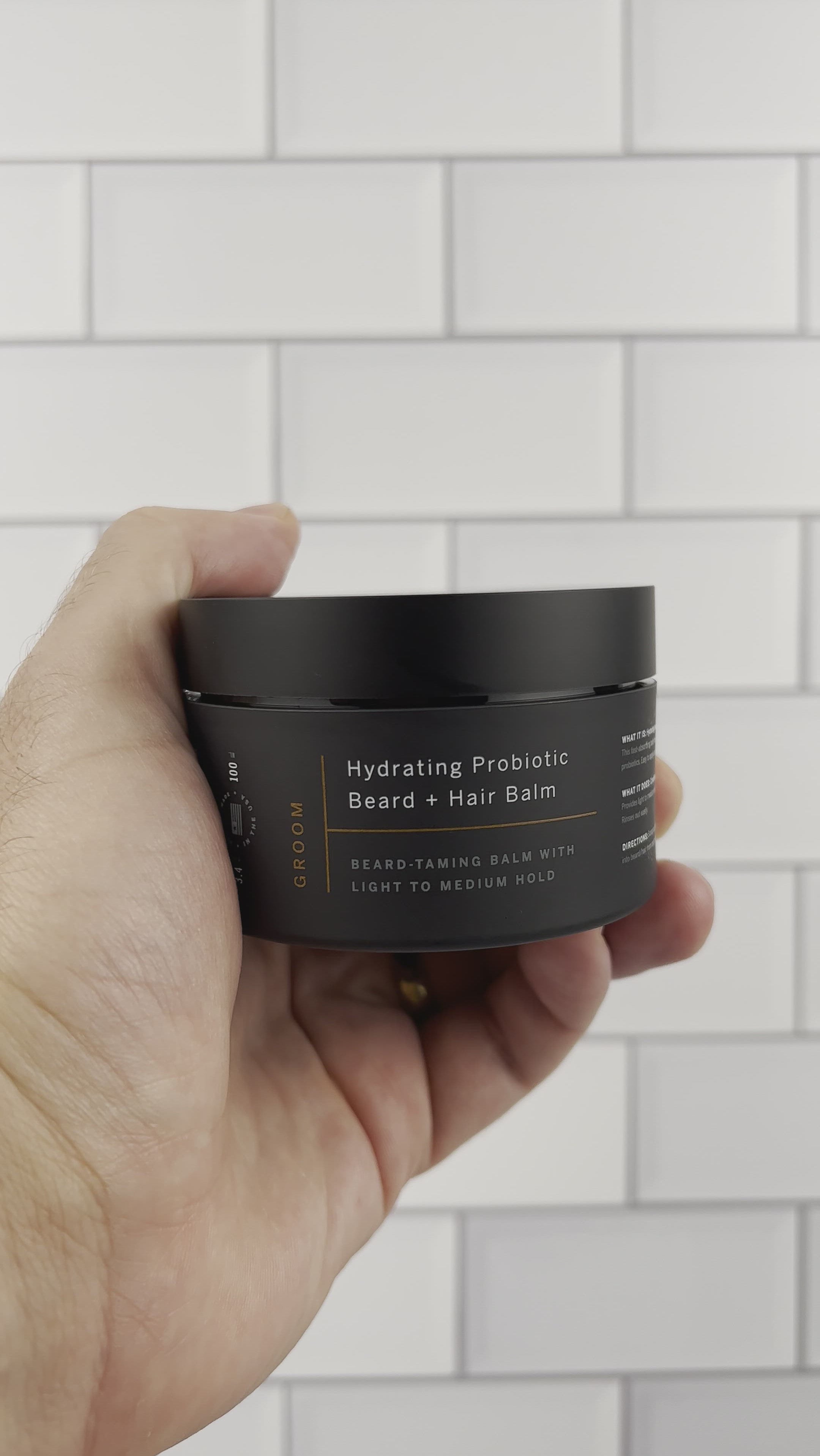 Hydrating probiotic beard balm. Video of beard balm jar bing opened and consistency of the probiotic beard balm