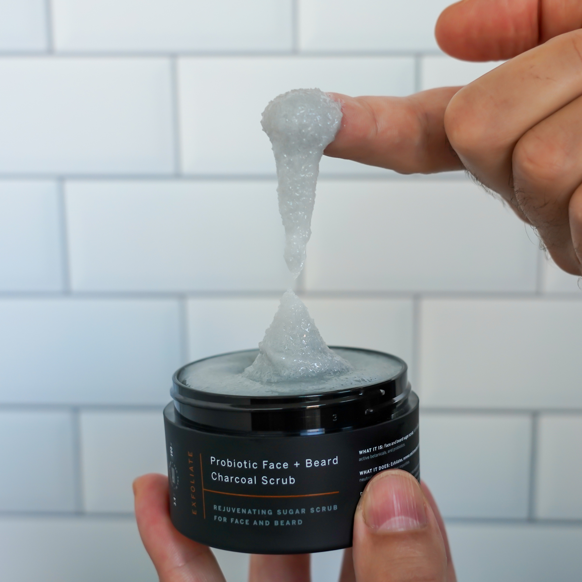 Exfoliate Charcoal Sugar Scrub for men. Beard scrub and face scrub for men