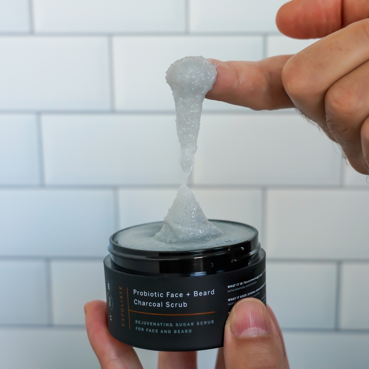 Exfoliate Charcoal Sugar Scrub for men. Beard scrub and face scrub for men