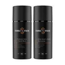 Beard Care Starter Kit. One 3.4 fl oz airless pump of Hydrate Daily Probiotic Facial + Beard Moisturizer and one 3.4 fl oz airless pump of Cleanse: Probiotic Face + Beard Wash by stubble + 'stache