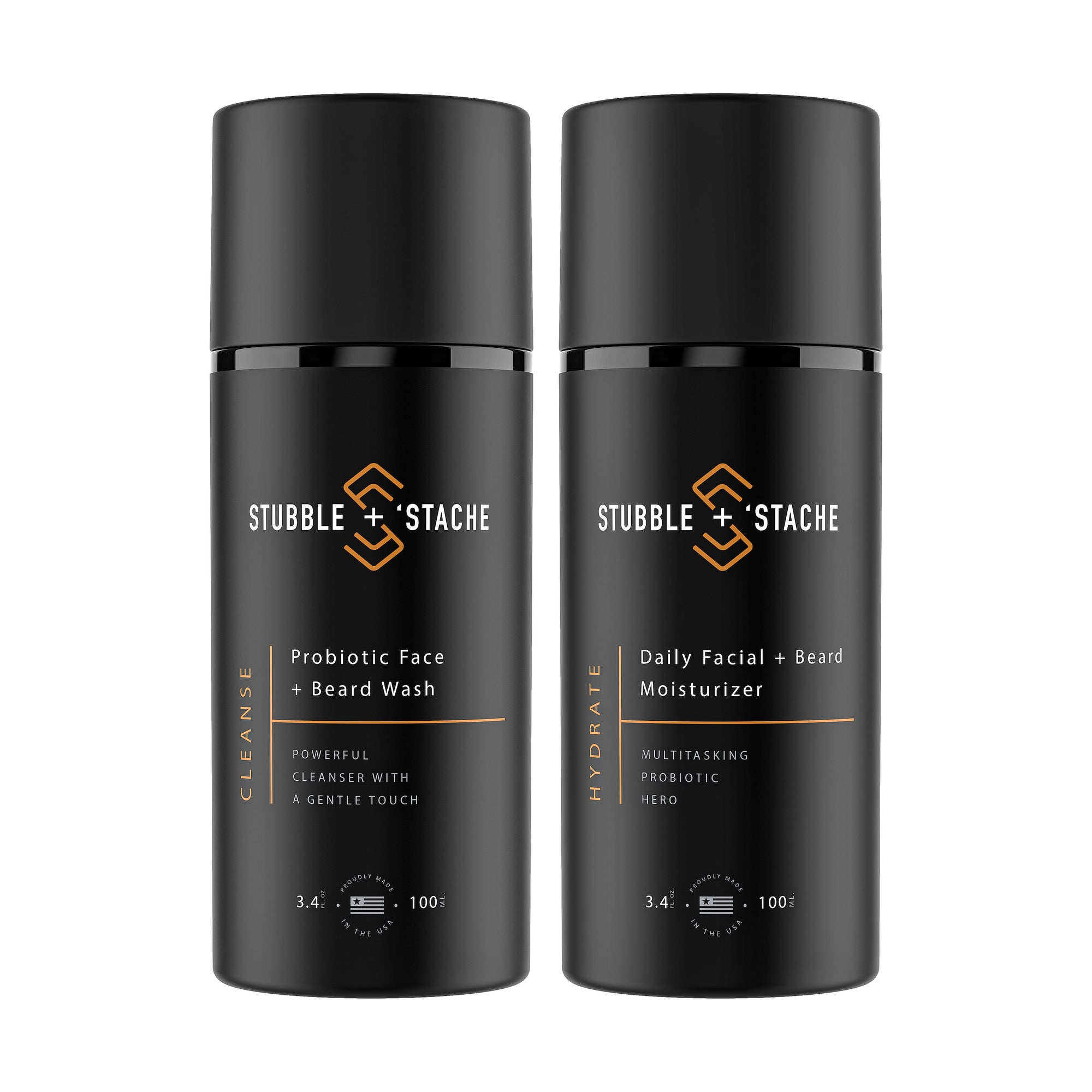 Beard Care Starter Kit. One 3.4 fl oz airless pump of Hydrate Daily Probiotic Facial + Beard Moisturizer and one 3.4 fl oz airless pump of Cleanse: Probiotic Face + Beard Wash by stubble + 'stache